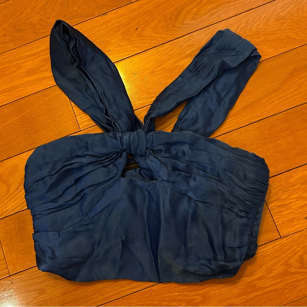 Zara Navy Blue Pleated Cropped Halter Top